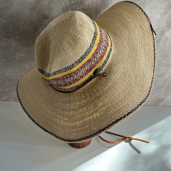 Scala Sun Hat Eloisa 100% Toyo Straw Wide Brim Multicolor Leather Chin Strap - Picture 3 of 14